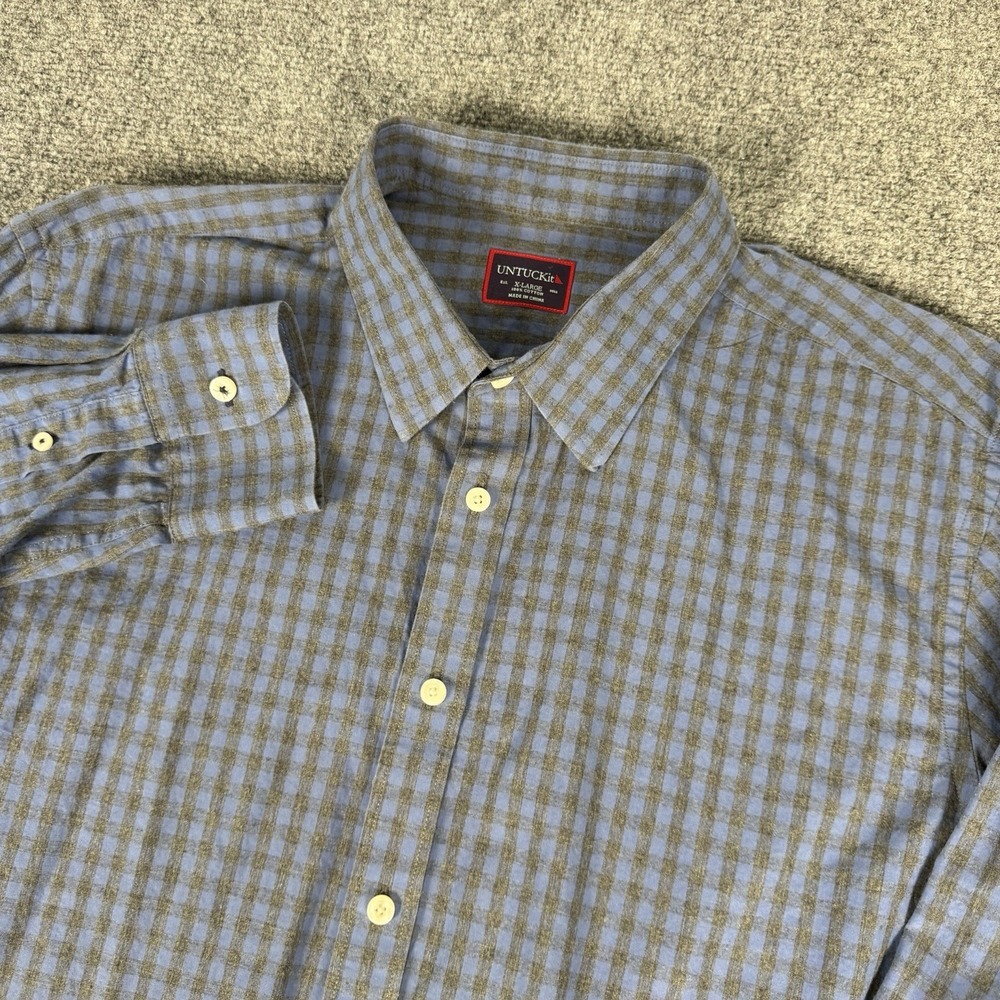 Untuckit Men's Long Sleeve Gingham Button-Up Shirt Size XL Blue Gray Work Casual